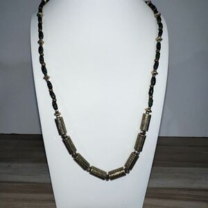 Classic Long Beaded Necklace Women’s Black And Gold Tone Minimalist Tribal